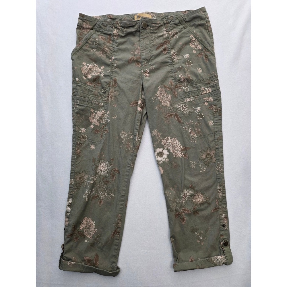 Democracy Crop Pants Flex-ellent 14 Olive Green Floral Boho Utility
